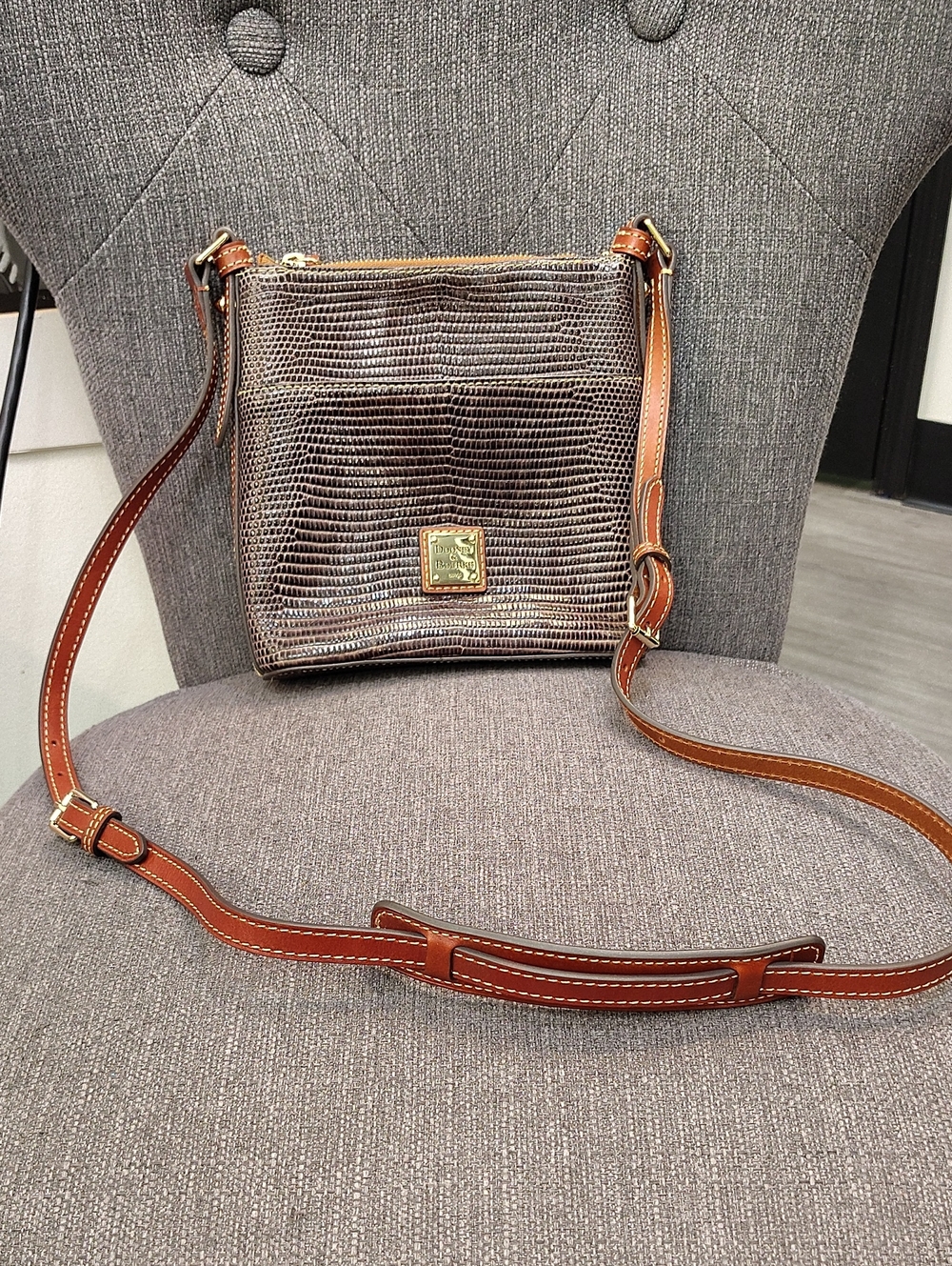 Dooney & Bourke Brown Lizard-Embossed Crossbody with Tan Strap